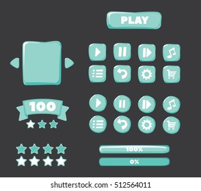A set of buttons for gaming interfaces.User interface.Loading bar.
Form designed game user interface (GUI) for video games, computers. 
Ice button.Various forms of buttons.Sprockets. Achievements.