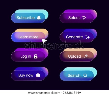 Set of buttons in glassmorphism style. Trendy website or app interface designs with icons and buttons with blur effect. 3D vector illustration collection isolated on background