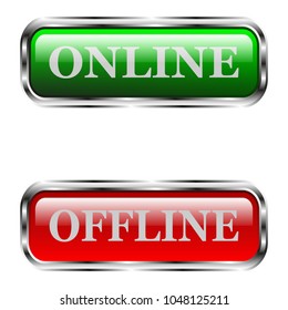 Set of buttons. Green, red button with chrome frame. Vector, illustration.
