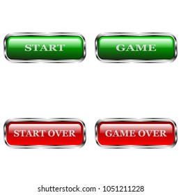 Set of buttons. Green, red button with chrome frame. The inscription game is over, the game, start over, start. Vector, illustration.