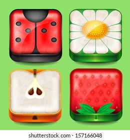 Set of buttons and icons with fruits and flowers