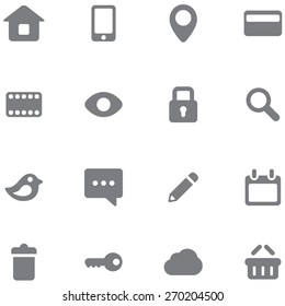 Set buttons and icons. Simple design and neutral gray color that can easily be changed, are well suited for all interfaces, and other projects.