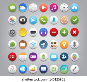 Set of buttons icons for (UI) applications or (app) for smartphones and tablets. Settings, music, media, map, photo, games, mail, clock, note, wifi, download, pictures, chat, camera, message, calendar