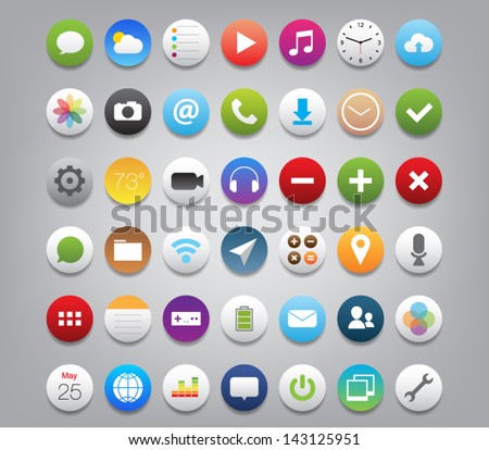 Set of buttons icons for (UI) applications or (app) for smartphones and tablets. Settings, music, media, map, photo, games, mail, clock, note, wifi, download, pictures, chat, camera, message, calendar