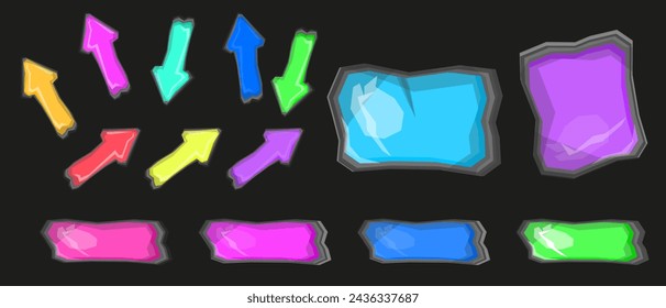 Set of buttons, icons, and web banners to attract clicks and engagement on website. Cursors and banners set, vibrant colors vector illustration isolated on background.