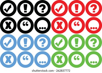 Set of buttons including yes no and punctuation exclamation question and quotation marks and dots in green blue red and green color