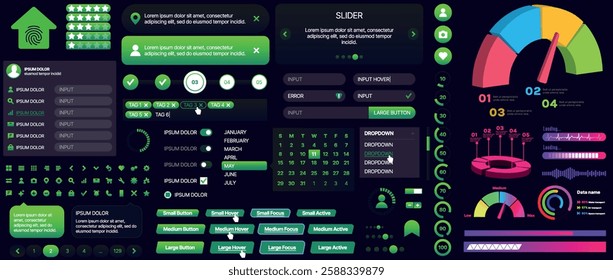 Set of buttons and interface elements for mobile apps and websites. Modern design for navigation, control and user interaction. Includes templates, menus, panels and icons