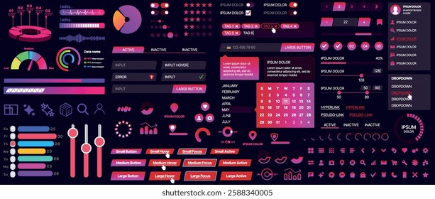 Set of buttons and interface elements for mobile apps and websites. Modern design for navigation, control and user interaction. Includes templates, menus, panels and icons