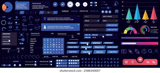 Set of buttons and interface elements for mobile apps and websites. Modern design for navigation, control and user interaction. Includes templates, menus, panels and icons