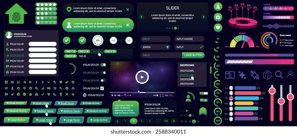 Set of buttons and interface elements for mobile apps and websites. Modern design for navigation, control and user interaction. Includes templates, menus, panels and icons
