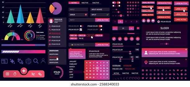 Set of buttons and interface elements for mobile apps and websites. Modern design for navigation, control and user interaction. Includes templates, menus, panels and icons