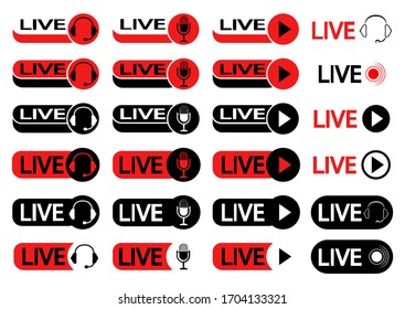 Set of buttons for live streaming. Set of symbols for live streaming, broadcasting, online stream in black and red color. Icons with headphones, microphone and play symbol for online broadcast. Vector