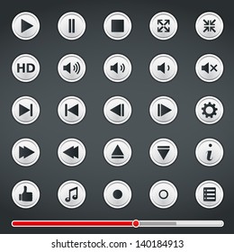 Set of buttons for media player and red progress bar, vector eps10 illustration