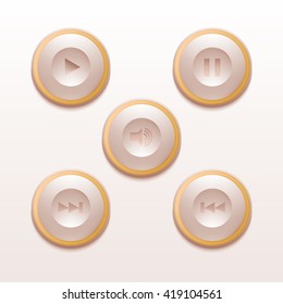 A set of buttons for media player. rewind button, stop, start, sound. Warm shades.