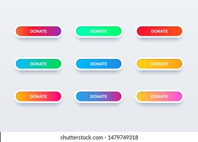 Set buttons modern gradient colorful donate with frame and shadow. Template web buttons app, ui. Social network concept. Vector illustration. EPS 10