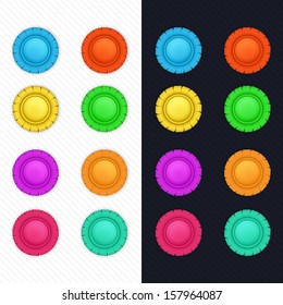 set of buttons, multi-colored medal on white and black background