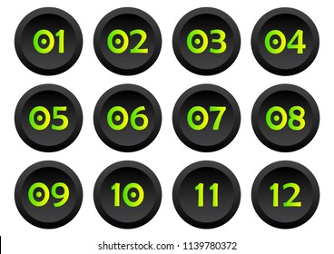 Set of buttons with numbers from 01 to 12. Vector illustration
