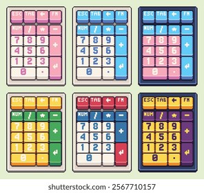 Set of buttons numeric keypad number keyboard in pixel art vector colorful pink blue green purple yellow