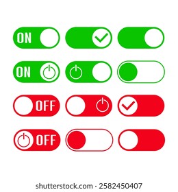 Set of buttons for on and off. Vector icons of toggle buttons. Turn on and off. Vector illustration