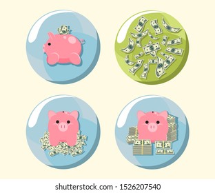 Set of buttons, pink piggy bank with paper money and money rain. Stacks of banknotes. Vector illustration isolated.
