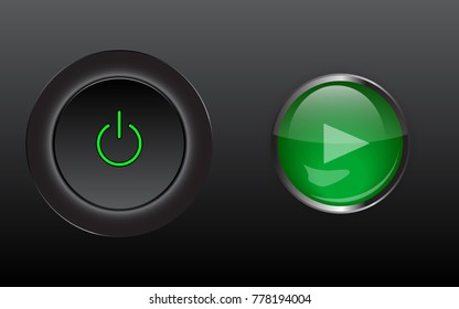 Set of buttons: play, power. Design elements for website or app. Vector illustration. Black background.