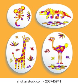 Set of buttons with psychedelic animals of Africa: giraffe, ostrich, monkey, crocodile. 