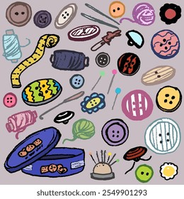 Set of buttons and sew elements. Hand drawn, doodle. Vector with texture, colorful, isolated, interesting.
