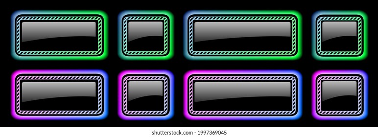 Conjunto de botones brillantes marcos coloridos en colores neones con un patrón rayado, colección de botones modernos formas rectangulares ovaladas sobre fondo negro, ilustración vectorial.