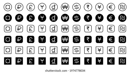 A set of buttons with signs of monetary units of different countries for mobile applications, web sites and other Internet resources. Vector elements.