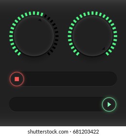 Set of buttons and sliders. Luminous, neon control user interface. Sound management. Red and green sliders on and off. Vector illustration