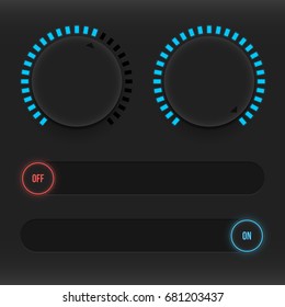 Set of buttons and sliders. Luminous, neon control user interface. Sound management. Sliders on and off. Vector illustration