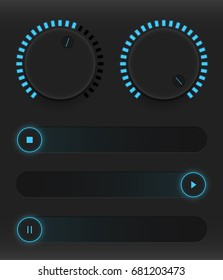 Set of buttons and sliders. Luminous, neon control user interface. Sound management. Blue sliders turn on, off and pause. Vector illustration