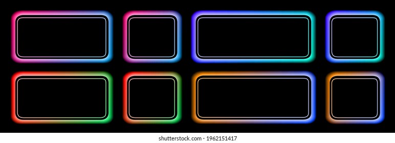 Set of buttons soft colorful frames in neon colors, modern buttons collection oval rectangle shapes on black background, vector illustration.