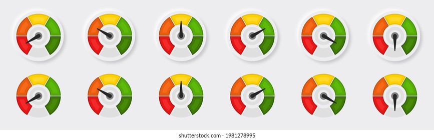 Set of buttons with a speedometer or tachometer. Symbol with a scale of performance measurement from red to green. Speed sign for applications, web sites and other internet resources. Vector elements.