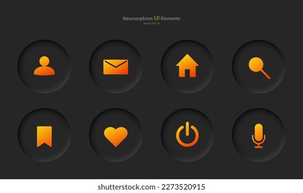 Set of buttons for user interface design in black with yellow elements. Collection of icons for mobile devices in the style of neumorphism, UI, UX. Vecto EPS 10.