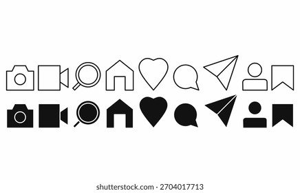 Set of buttons vector illustration social media interface icons with camera, video, search, home, heart, chat bubble, paper plane, user, and bookmark in outline and silhouette.for apps, web