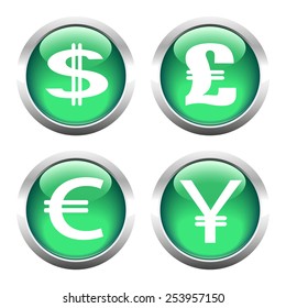 Set of buttons for web, currency symbols, dollar, euro, pound, yen. Vector.