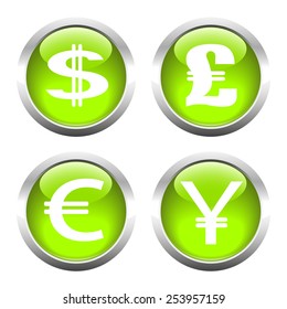 Set of buttons for web, currency symbols, dollar, euro, pound, yen. Vector.