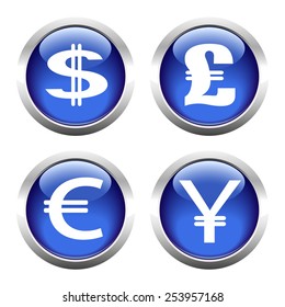 Set of buttons for web, currency symbols, dollar, euro, pound, yen. Vector.