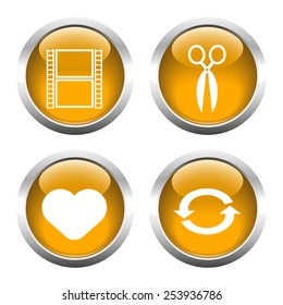 Set of buttons for web, film, heart, reboot, scissors. Vector.