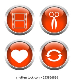 Set of buttons for web, film, heart, reboot, scissors. Vector.