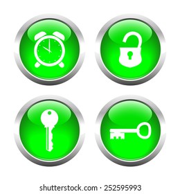 Set of buttons for web, lock, keys, watches. Vector.