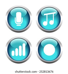 Set of buttons for web, microphone, recording, music, sound level. . Vector. 