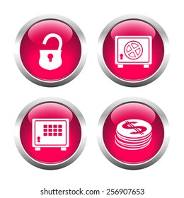 Set of buttons for web, open lock, safe, coins. Vector. 
