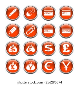 Set of buttons for web, pen, card, clip, purse, currency. Vector.