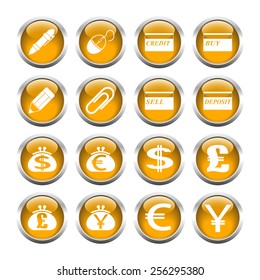 Set of buttons for web, pen, card, clip, purse, currency. Vector.