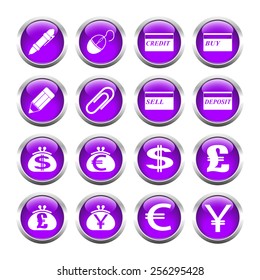 Set of buttons for web, pen, card, clip, purse, currency. Vector.