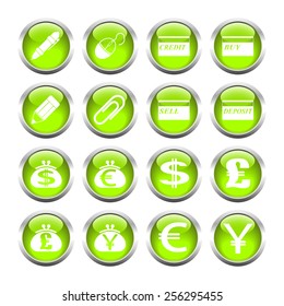 Set of buttons for web, pen, card, clip, purse, currency. Vector.