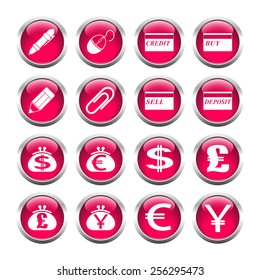 Set of buttons for web, pen, card, clip, purse, currency. Vector.