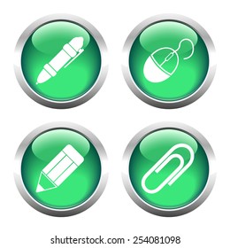 Set of buttons for web, pencil, pen, paper clip, the camera. Vector.